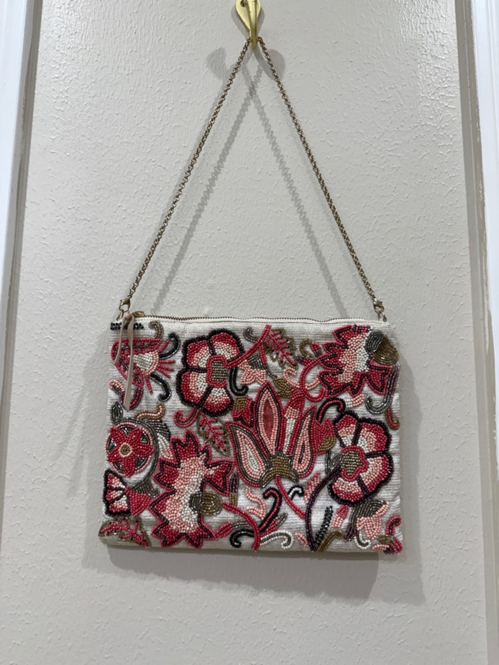 Chico's White Beaded Floral Chain Shoulder Bag with Pink Accents